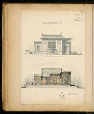 Maleratelier Monatskonkurrenz März 1874: Aufriss Seitenansicht, Längsschnitt; Maßstabsleiste