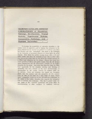 Thompson Yates and Jonston Laboratories of Physiology, Pathology, Bio-Chmestry, Tropical Medicine, Experimental Medicine, Comparative Pathology, and Municipal Bacteriology.