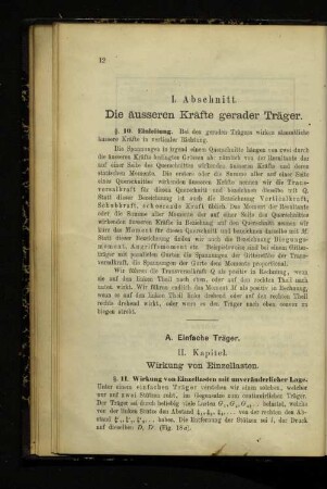 I. Abschnitt. Die äusseren Kräfte gerader Träger.