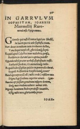 In Garrulum Sophistam, Ioannis Murmellii Ruremundensis Epigramma.