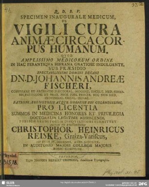 Specimen Inaugurale Medicum, De Vigili Cura Animae Circa Corpus Humanum ...