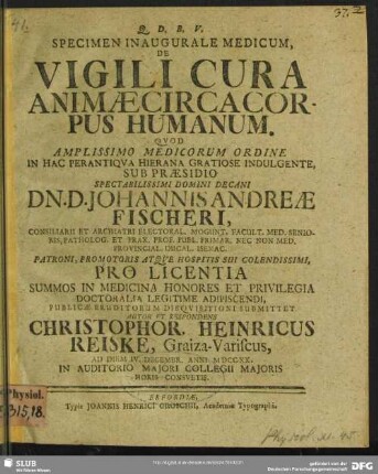Specimen Inaugurale Medicum, De Vigili Cura Animae Circa Corpus Humanum ...