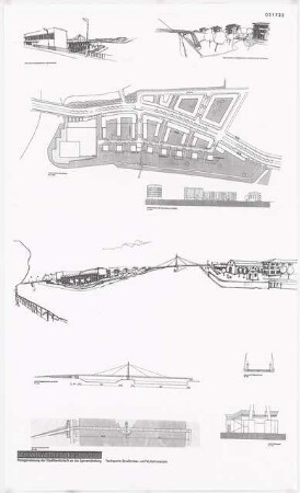Stadträumliche Neuordnung und behutsame Verflechtung im Mündungsarm von Spree und Havel, Berlin-Spandau Schinkelwettbewerb 2001: Lageplan 1:1000, Ansichten, Draufsicht 1:500, Ansicht 1:100, Schnitt 1:50, perspektivische Ansichten