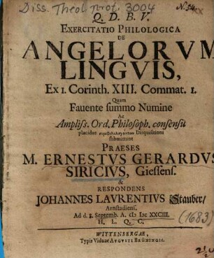 Exercitatio Philologica De Angelorvm Lingvis, Ex I. Corinth. XIII. Commat. I.