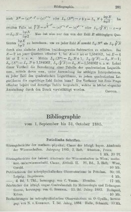 Bibliographie vom September bis 31. October 1885.