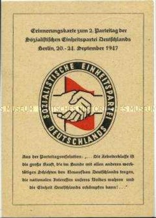 Postkarte zum 2. Parteitag der SED in Berlin, mit Sonderstempel