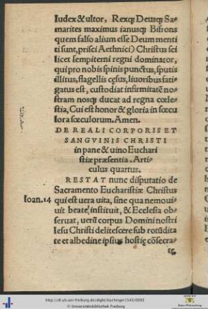 De Reali Corporis Et Sanguinis Christi in pane et vino Eucharistiæ præsentia Articulus quartus