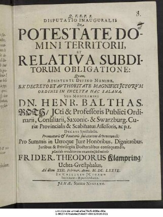 Disputatio Inauguralis De Potestate Domini Territorii, Et Relativa Subditorum Obligatione