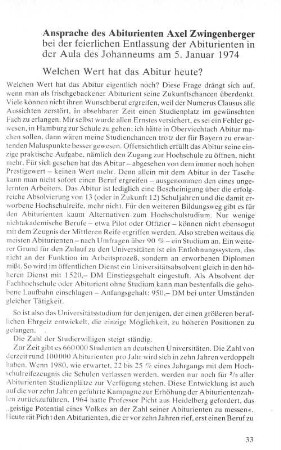 Ansprache des Abiturienten Axel Zwingenberger bei der feierlichen Entlassung der Abiturienten in der Aula des Johanneums am 5. Januar 1974