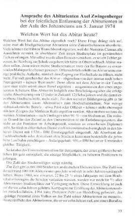 Ansprache des Abiturienten Axel Zwingenberger bei der feierlichen Entlassung der Abiturienten in der Aula des Johanneums am 5. Januar 1974