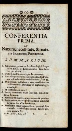 Conferentia prima. De Natura, necessitate, & materia Sacramenti Poenitentiae