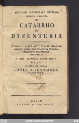 Specimen Inavgvrale Medicvm Exhibens Analecta De Catarrho Et Dysenteria