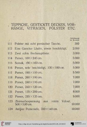 Teppiche, Gestickte Decken, Vorhänge, Vitragen, Pölster Etc. (Nr. 111-144)