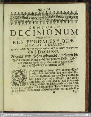 Centuria Decisionum Quaenam Res Feudales? Quaenam Allodiales?