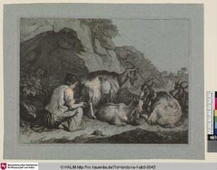 [Die Bäuerin, welche die Ziege melkt, rechts drei ruhende Ziegen]