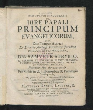 Disputatio Inauguralis De Iure Papali Principum Evangelicorum