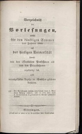 SS 1848: Verzeichnis der Vorlesungen // Georg-August-Universität Göttingen
