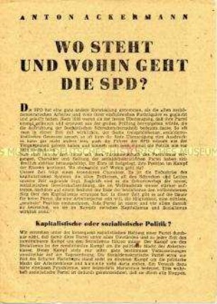 Propagandaschrift der Arbeitsgemeinschaft SED-KPD mit scharfer Polemik gegen die SPD-Führung