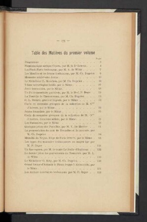 Table des matières du premier volume