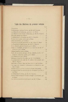 Table des matières du premier volume