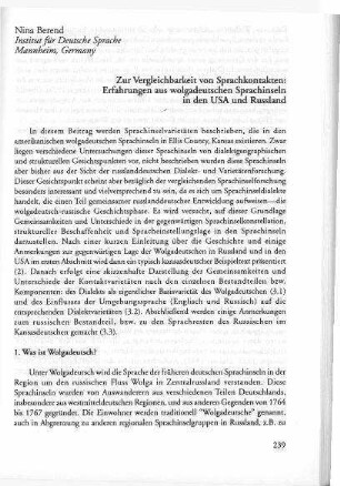 Zur Vergleichbarkeit von Sprachkontakten : Erfahrungen aus wolgadeutschen Sprachinseln in USA und Russland