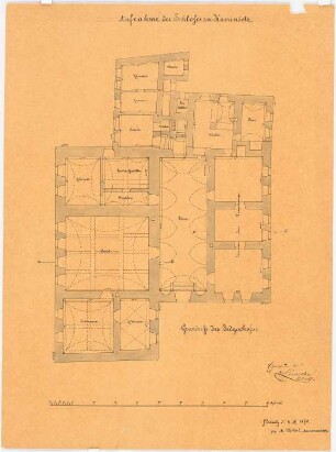 Schloss Kaminietz Erweiterung: Grundriss Erdgeschoss, Maßstabsleiste (Fuß rhl.)