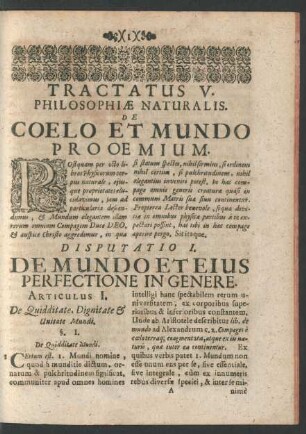 Disputatio I. De Mundo Eius Perfectione In Genere.