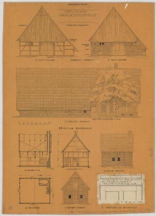 Osterwick (Kreis Coesfeld): Hof Averkamp. - Brau- und Backhaus (Grundriss, Südostansicht, Südwestansicht, Schnitte). - Türsturz am Backhaus mit Inschrift (Ansicht)