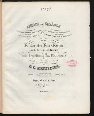 H. 2: Lieder und Gesänge für eine Bariton- oder Bass-Stimme (auch für eine Altstimme) mit Begleitung des Pianoforte op. 200
