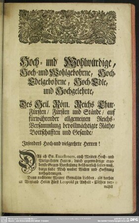 Hoch- und Wohlwürdige, Hoch- und Wohlgebohrne, Hoch-Edelgebohrne, Hoch-Edle, und Hochgelehrte ...