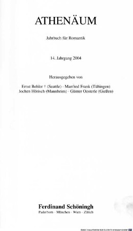 Athenäum : Jahrbuch der Friedrich Schlegel-Gesellschaft. 14. 2004