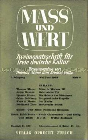 Exilzeitschrift von Thomas Mann und Konrad Falke. Jg. 1938