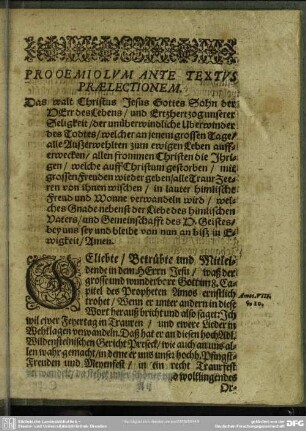 Leichenpredigt : Christliche Leichpredigt. Prooemium Ante Textus Praelectionem. Textus Concionis. Exergasia.