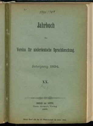 20: Jahrbuch des Vereins für Niederdeutsche Sprachforschung