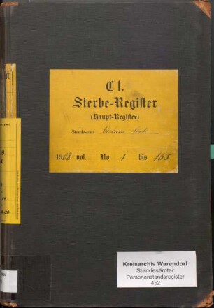 Sterberegister des Standesamtes Beckum-Stadt von 1908 (Urkunden-Nr. 1-155)
