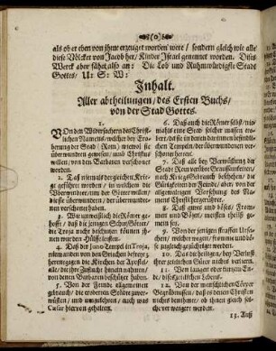 Inhalt. Aller abtheilungen, des Ersten Buchs, von der Stad Gottes.