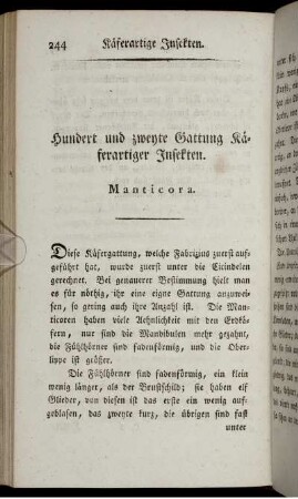Hundert und zweyte Gattung Käferartiger Insekten. Manticora.