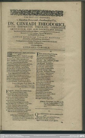 Virtuti Et Honori, Admodum-Reverendi, Excellentißimi Viri, Dn. Cunradi Theodorici, ... Literaria Corcula