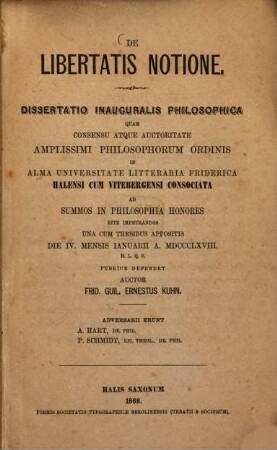 De libertatis notione : dissertatio inauguralis philosophica