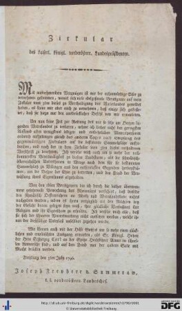 Zirkular des kaiserl. königl. vorderösterr. Landespräsidenten : Freyburg, den 5. July 1796.