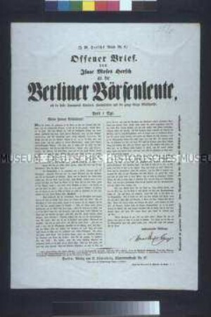 Satirisches Flugblatt (Serie): Offener Brief an die Berliner Börsenleute (I. M. Hersch's Briefe Nr. 8); undatiert