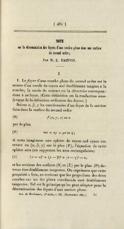 Note sur la détermination des foyers d'une section plane dans une surface du second ordre.