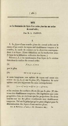 Note sur la détermination des foyers d'une section plane dans une surface du second ordre.