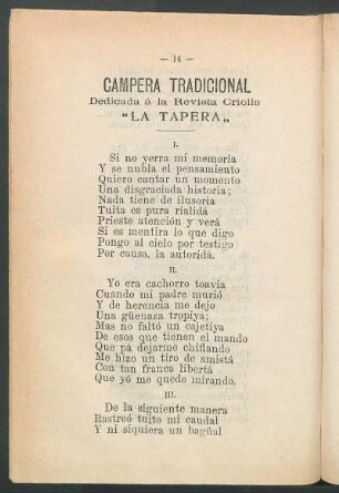 Campera tradicional : Dedicada á la revista criolla "La Tapera"