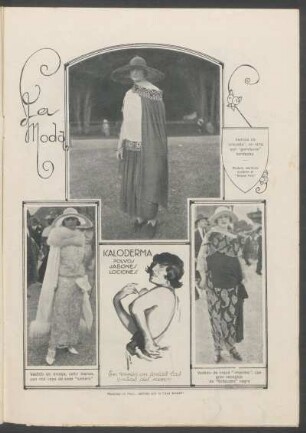 La moda - [Fotografías] : Vestido de "crepella", de lana, con "garnitures" bordadas [y] Vestido de encaje, color blanco, con rica capa de seda "lumiere" [y] Vestido de crepé "imprime", con gran recogido de "flalteusse" negro