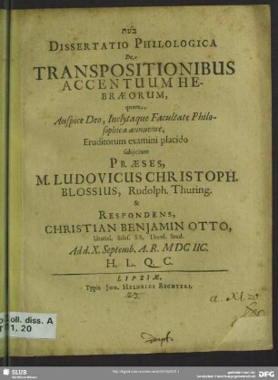 Dissertatio philologica de transpositionibus accentuum Hebraeorum