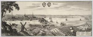 Ansicht von Stralsund, Radierung, um 1650? : Stralsundia = Stralsundt / Erich Iönson Delineavit. Casp. Merian fecit. - [Frankfurt] , [um 1650?]. - 1 Ansicht : Radierung ; 72 x 28 cm. Mit Gebäudeverzeichn. - Mit 2 Wappen