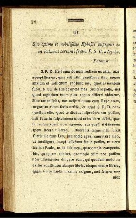 III. Suo optimo et noblilissimo Ephesiis pugnanti et in Pathmos certanti fratri P.S.C. a Lycha. Pathmos.