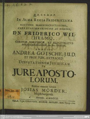 In Alma Regia Fridericiana Rectore Magnificentissimo ...