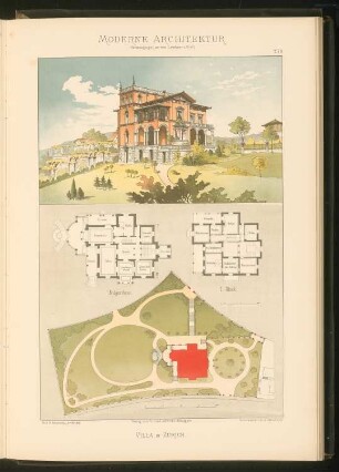 Villa, Zürich: Lageplan, Grundrisse, Perspektive (aus: Moderne Architektur, hrsg. Lambert & Stahl, Stuttgart 1891)
